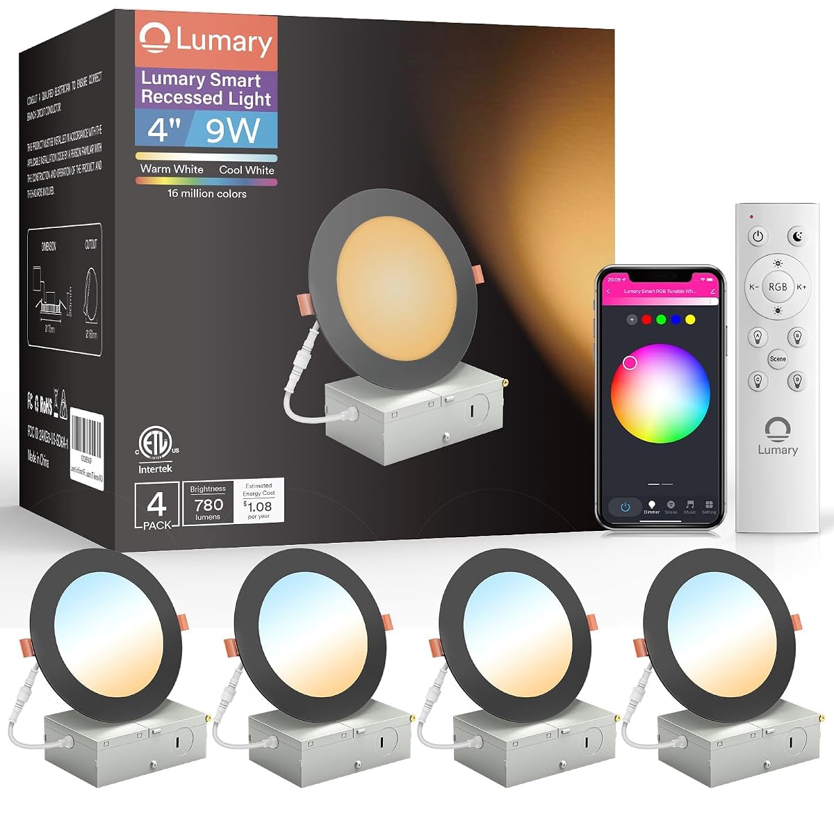 Lumary Black Smart Recessed Lighting 4 Inch 9W 780Lm Color Changing Led