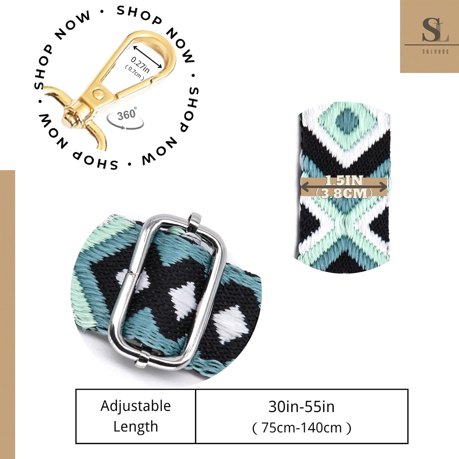 S&loyoe Silver bucklePurse Straps Replacement Crossbody Bag Strap Adjustable Wide Guitar Straps for Handbags 1.5inch (Diamond 03 silver) - Image 2