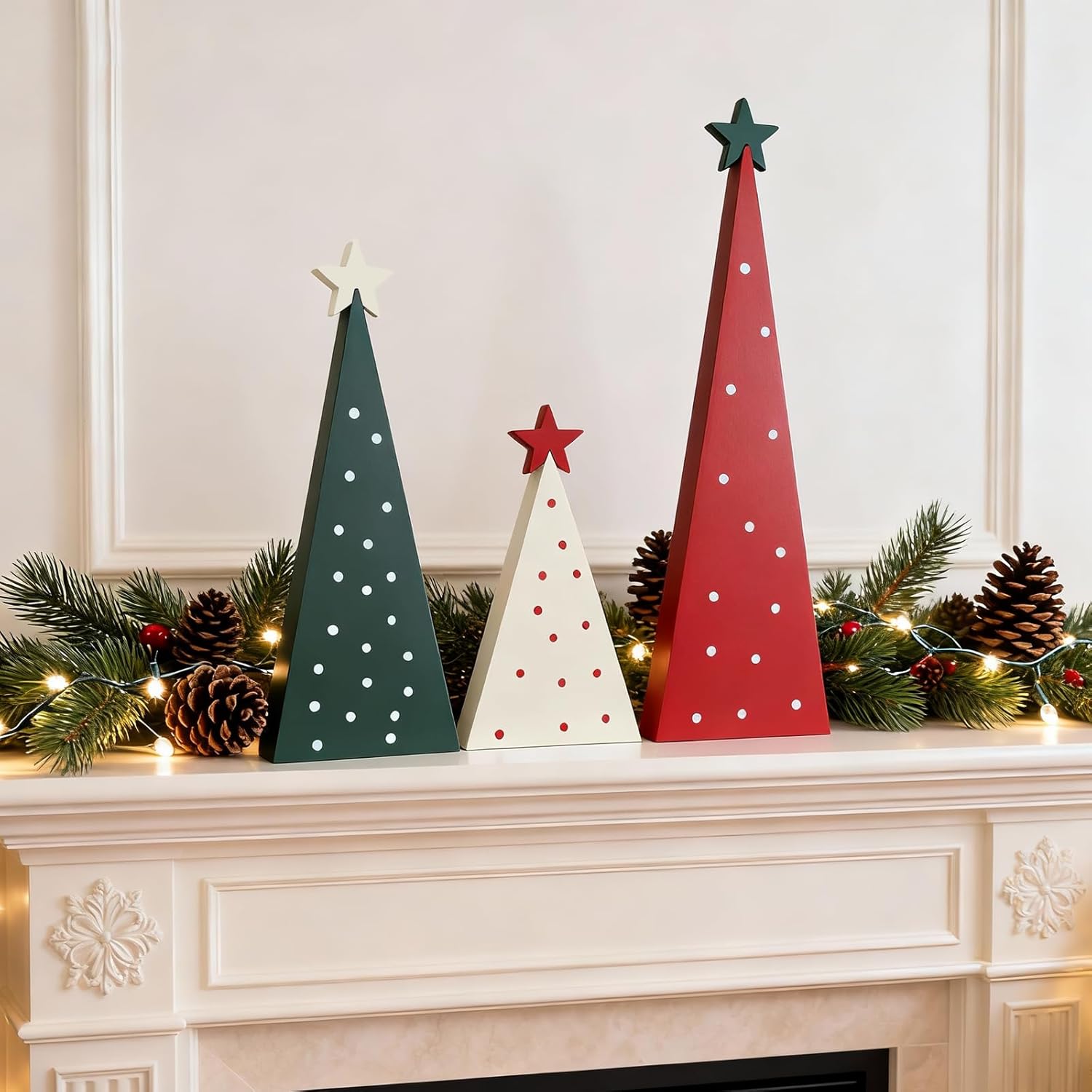 Wooden Christmas Tree Decor, 3 Sizes Christmas Desk Tabletop Decorations with Star, Wooden Tree Sign Decorations for Shelf, Mantel, Fireplace, Party, Farmhouse Red Green White