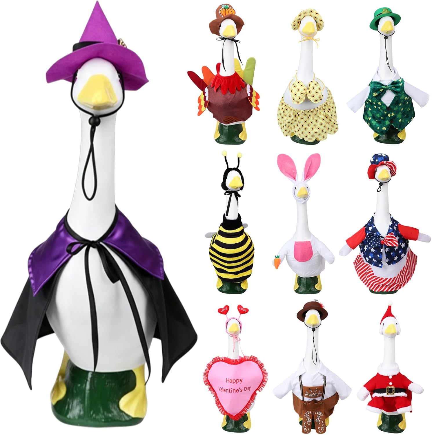 10 Set Holiday Goose Outfits 23" All Seasons Bundle Goose Clothes for Valentine St. Patrick Easter Hawaiian 4th of July Fall Oktoberfest Halloween Christmas Clothing for Porch Patio Yard Lawn Decor