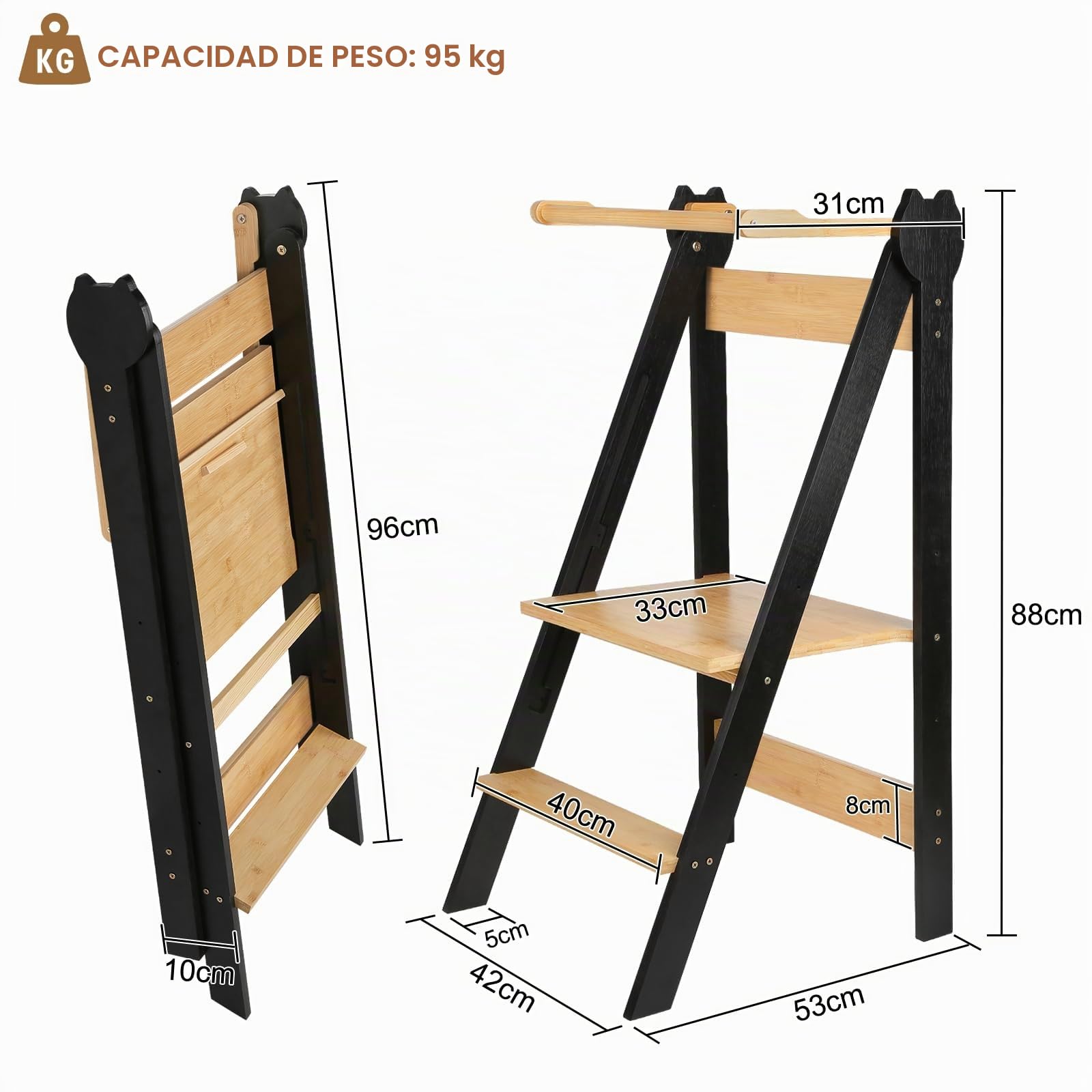 Torre de observación infantil, torre montessoriana de aprendizaje plegable multiusos, torre de aprendizaje de madera natural de abedul, plegable, seguridad-88 × 45 × 45 cm-café negro