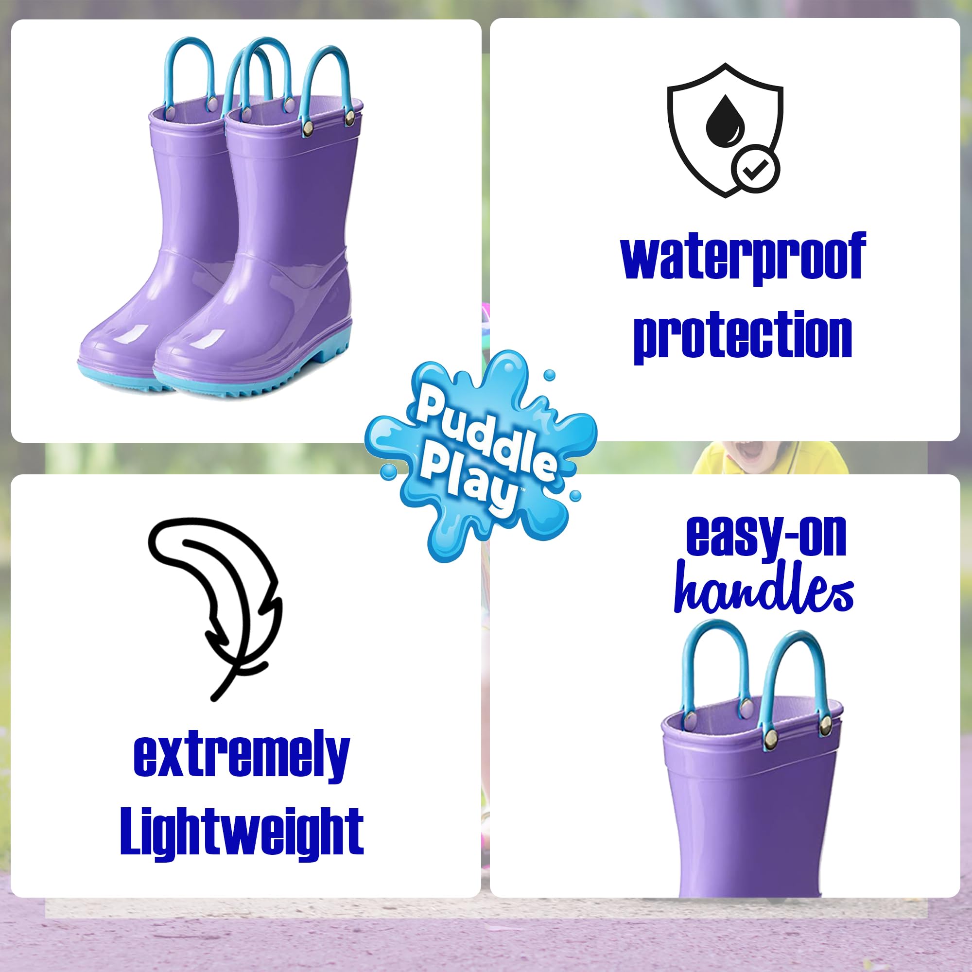 Puddle Play Botas de lluvia impermeables de PVC para niños y niños con asas fáciles de poner, botas ligeras y antideslizantes para exteriores para niños y niñas