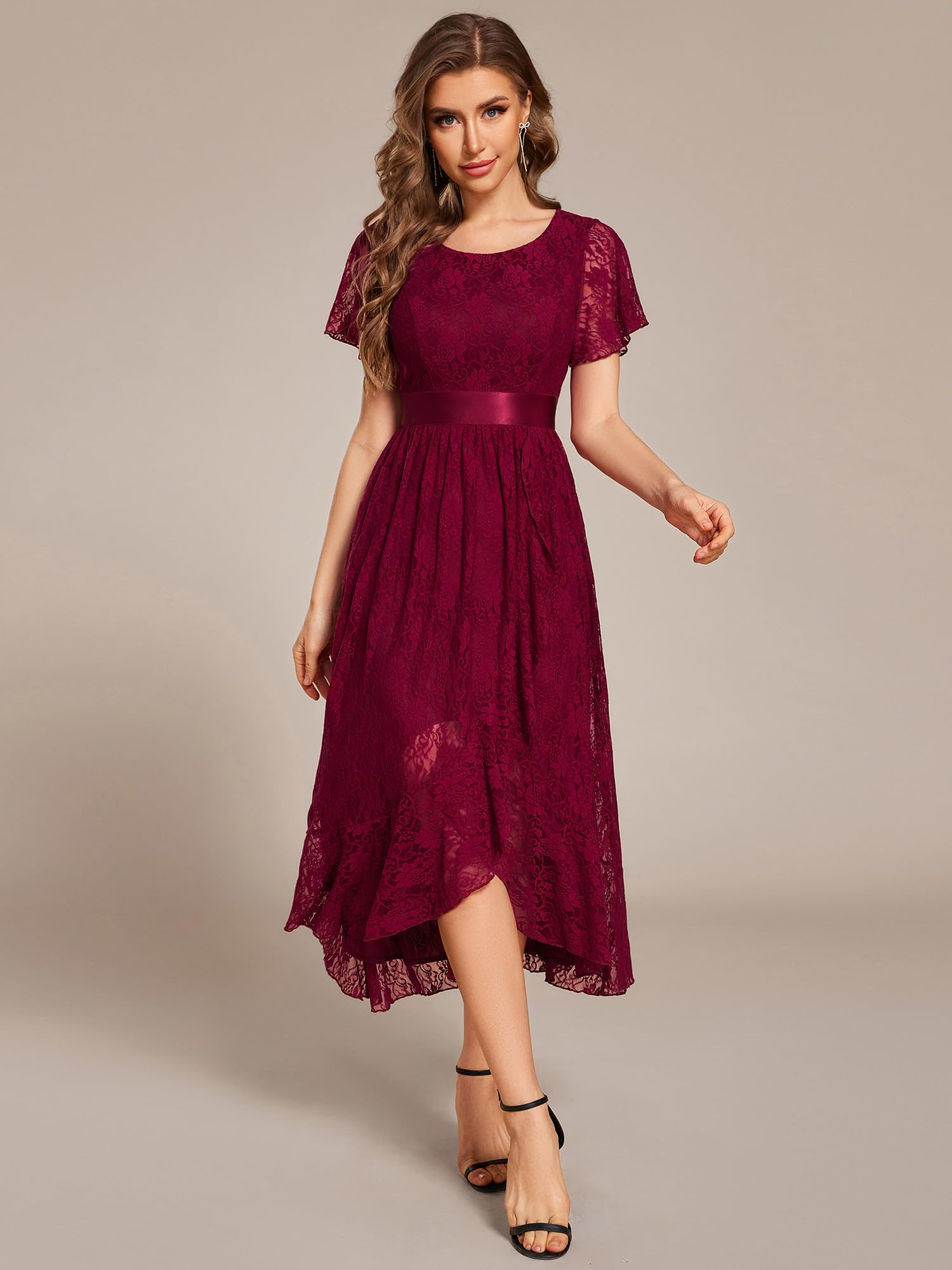 Ever-Pretty Abendkleider Damen Lang Rundhalsausschnitt Brautjungfernkleid Midi Ballkleider Chiffon V-Ausschnitt Cocktailkleid Kurze Ärmel EE03489