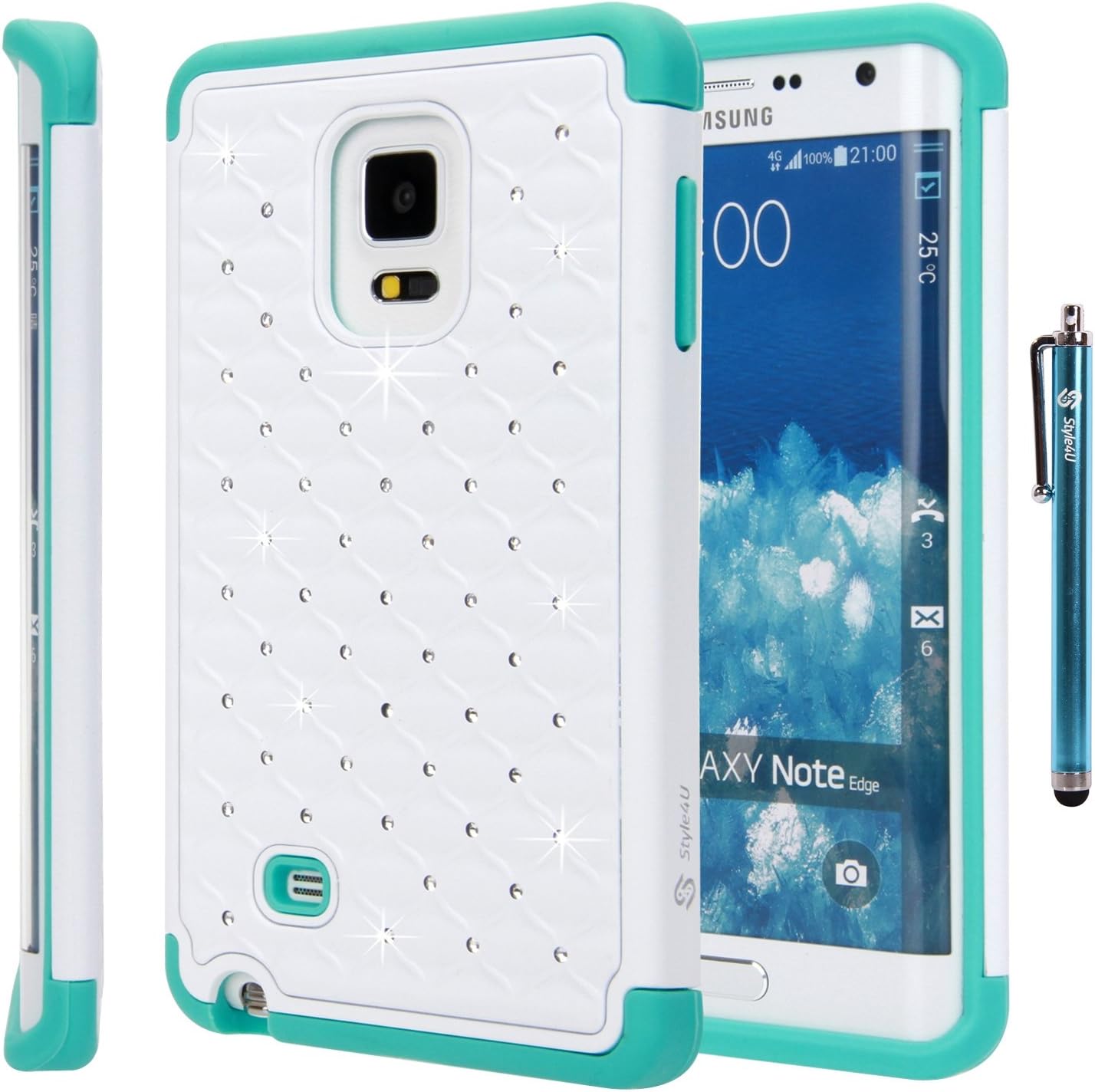 Style4U Galaxy Note Edge Case, Galaxy Note Edge Studded Rhinestone Crystal Bling Hybrid Armor Case Cover for Samsung Galaxy Note Edge/Note 4 Edge with 1 Stylus [White/Teal]
