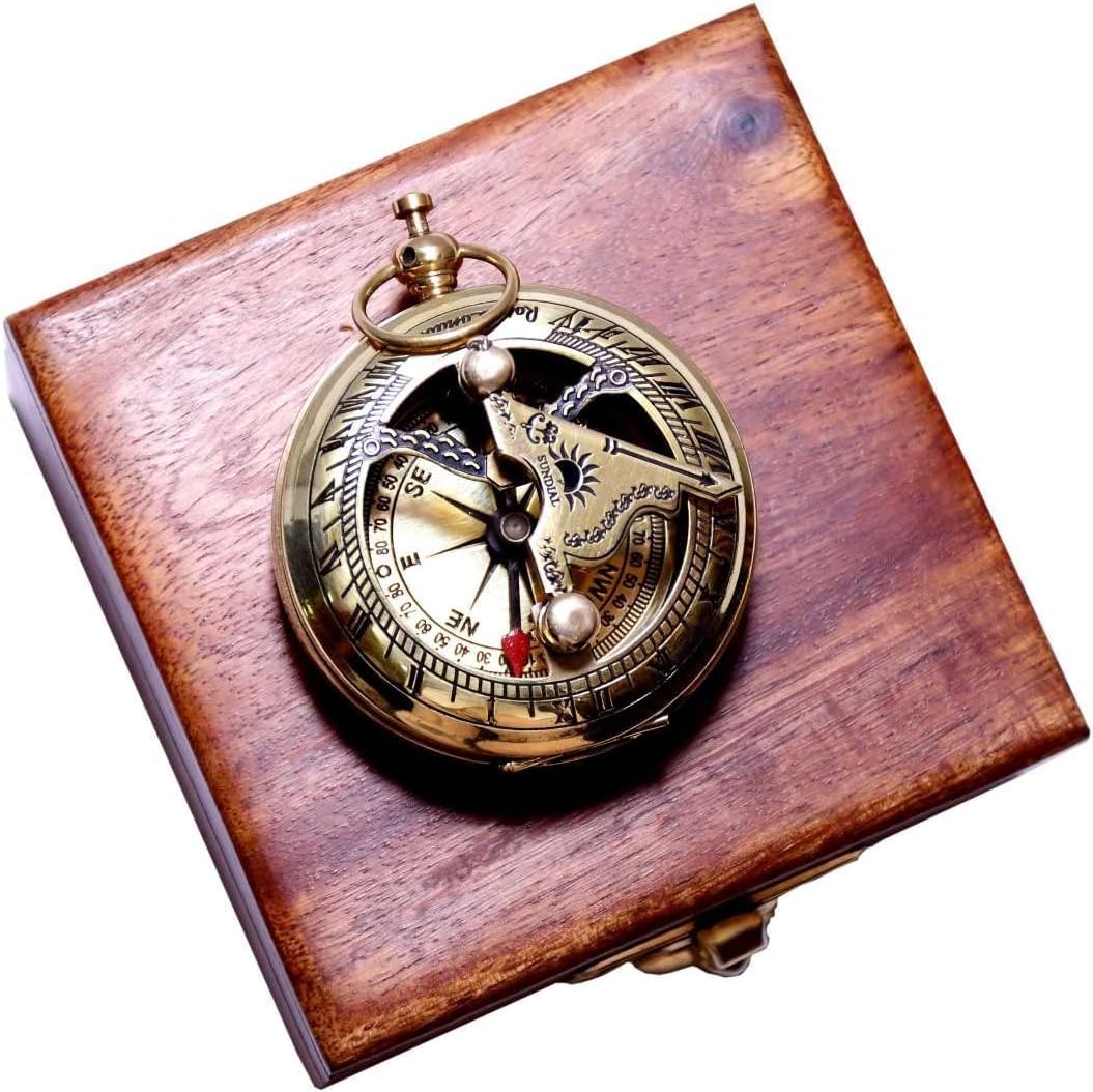 Navigational Sundial Compass Brass Finish Golden Color Small Pocket Compass Square Wooden Box Nautical Gift