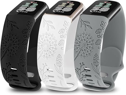 3 Packs Floral Engraved Band Compatible with Fitbit Charge 6 Bands/Fitbit Charge 5 Bands Women, Cute Soft Silicone Dandelion Flower Pattern Sport Designer Fancy Summer Strap for Charge 6/5
