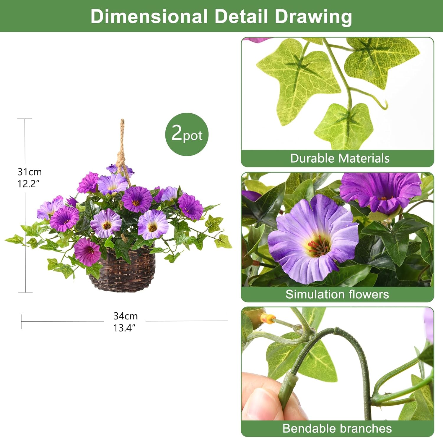 2 Set Artificial Outdoor Flowers with Hanging Basket, 2 Hanging Planters Faux Silk Morning Glory Flowers for Spring Summer Front Porch Garden Patio Home Decor(Light Purple Red)