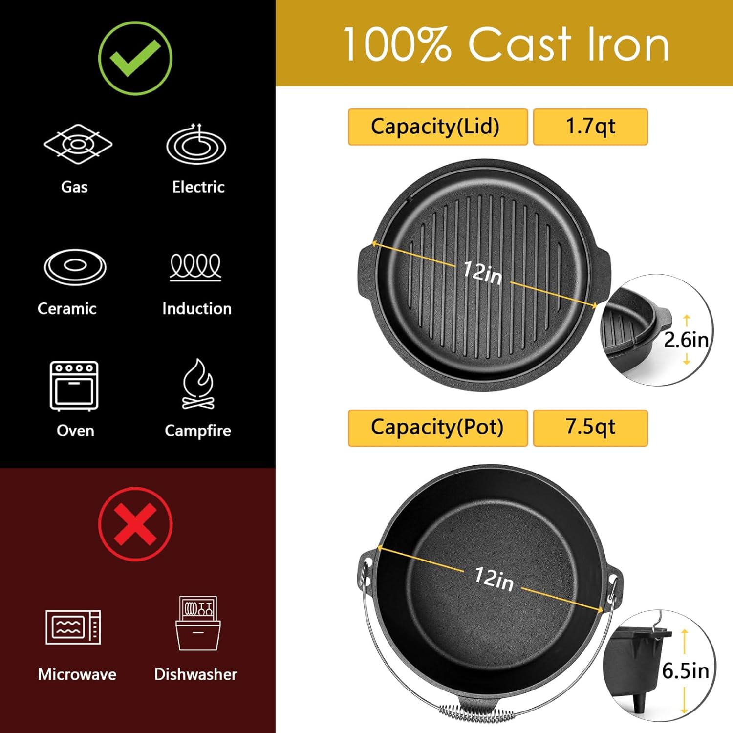 HaSteeL 7 QT Cast Iron Dutch Oven, Large 2 in 1 Camp Pre-Seasoned Deep Pot & Lid Skillet Pan, Heavy Thick 7 Quart Multiple Cookware with Feet for Outdoor Camping Baking, Bracket and Lid Lifter