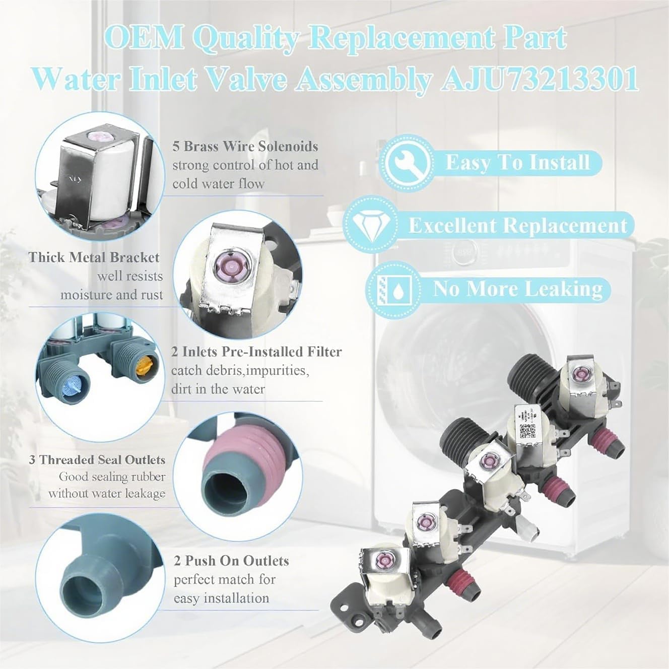 （2026）AJU73213301 AJU75152601 5221EA1008F Water Inlet Valve Water Valve fits for Kenmore LG Washers WT7200CW, WT5001c*, 79631522211, WT4801CW, WT1201CW