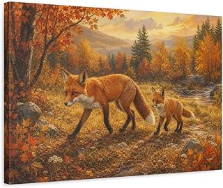 Djur rävar höst kanvas väggkonst tryck – realistiskt vardagsrum, ovanför öppen spis 60 × 40 cm (24 × 16 tum) – horisontell / 3 cm (1,25 tum)