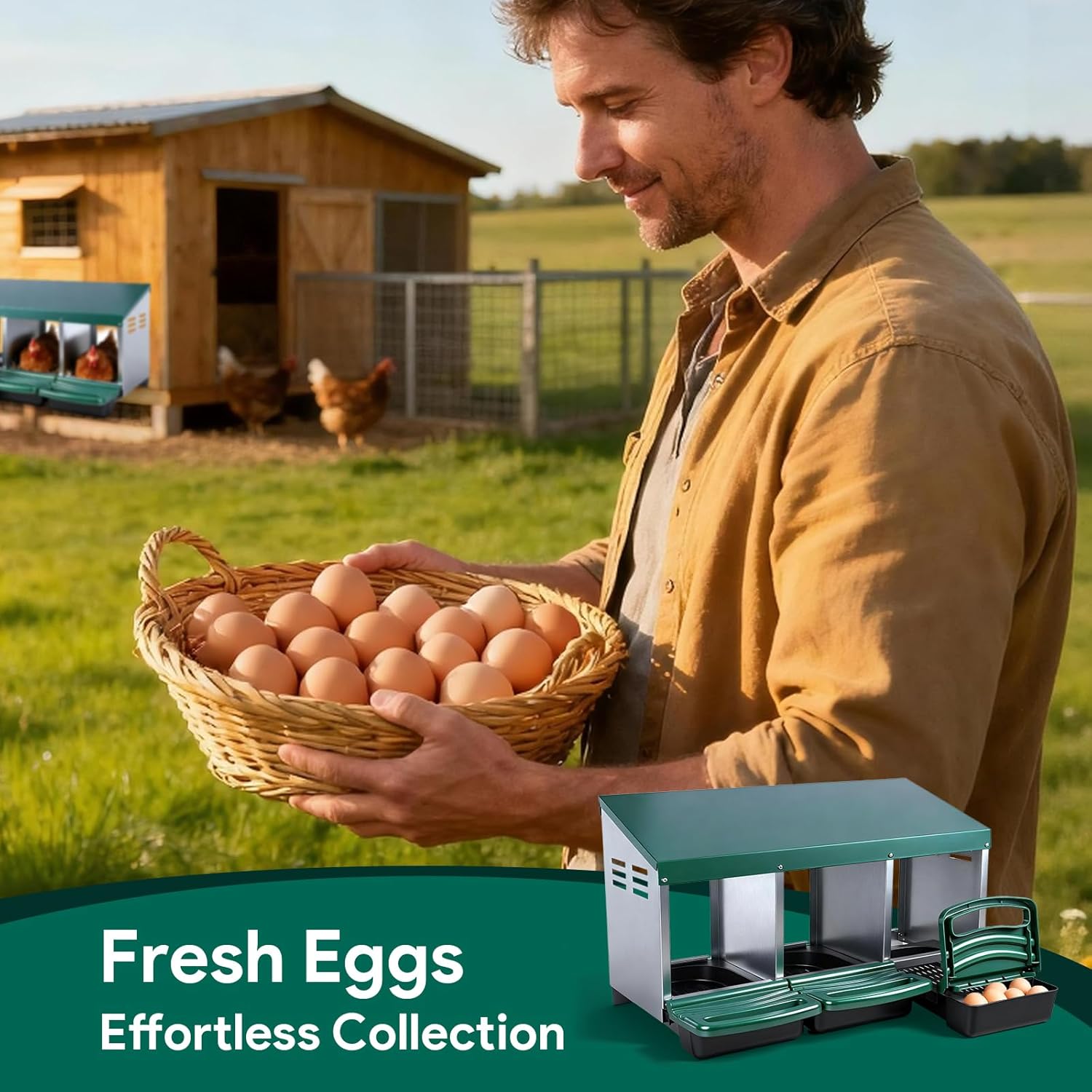 Chicken Nesting Boxes with 3 Cozy and Roll-Away Design - Chicken coop Nesting Boxes,Private Laying Spot & Enables Effortless Egg Collection (Green)