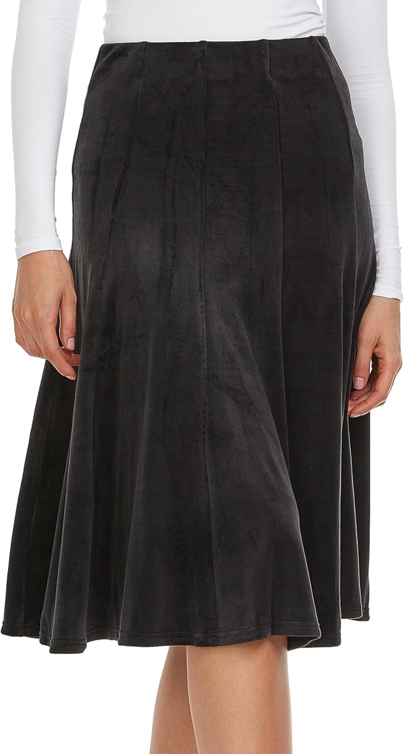Women’s Midi 27 inch Length A-Line Velour Panel Skirt- Elastic Waist Office Pleated Skirt