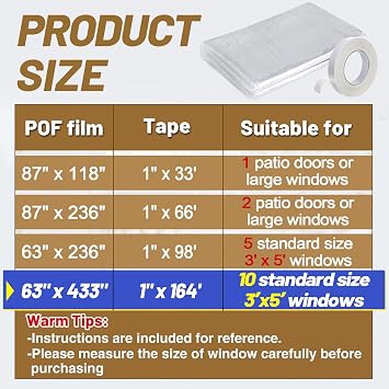 Apipi Thicken Window Insulation for Winter - Fits 10 Windows of 3' x 5' Durable Sealing Plastic Film Cover, Clear Shrink Window Insulation Kit with Double-Side Tape for Winterizing, 63 433 in
