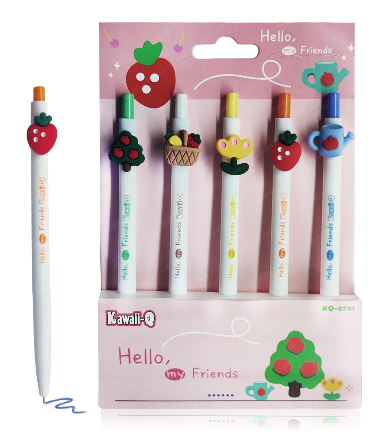 FunBlast Gel Pens For Writing – 5 Pcs Cartoon Design Lightweight Gel Pen With Comfortable Grip For Extra Smooth Writing, Stationery For School & Office, Birthday Return Gift (Fruit), Blue