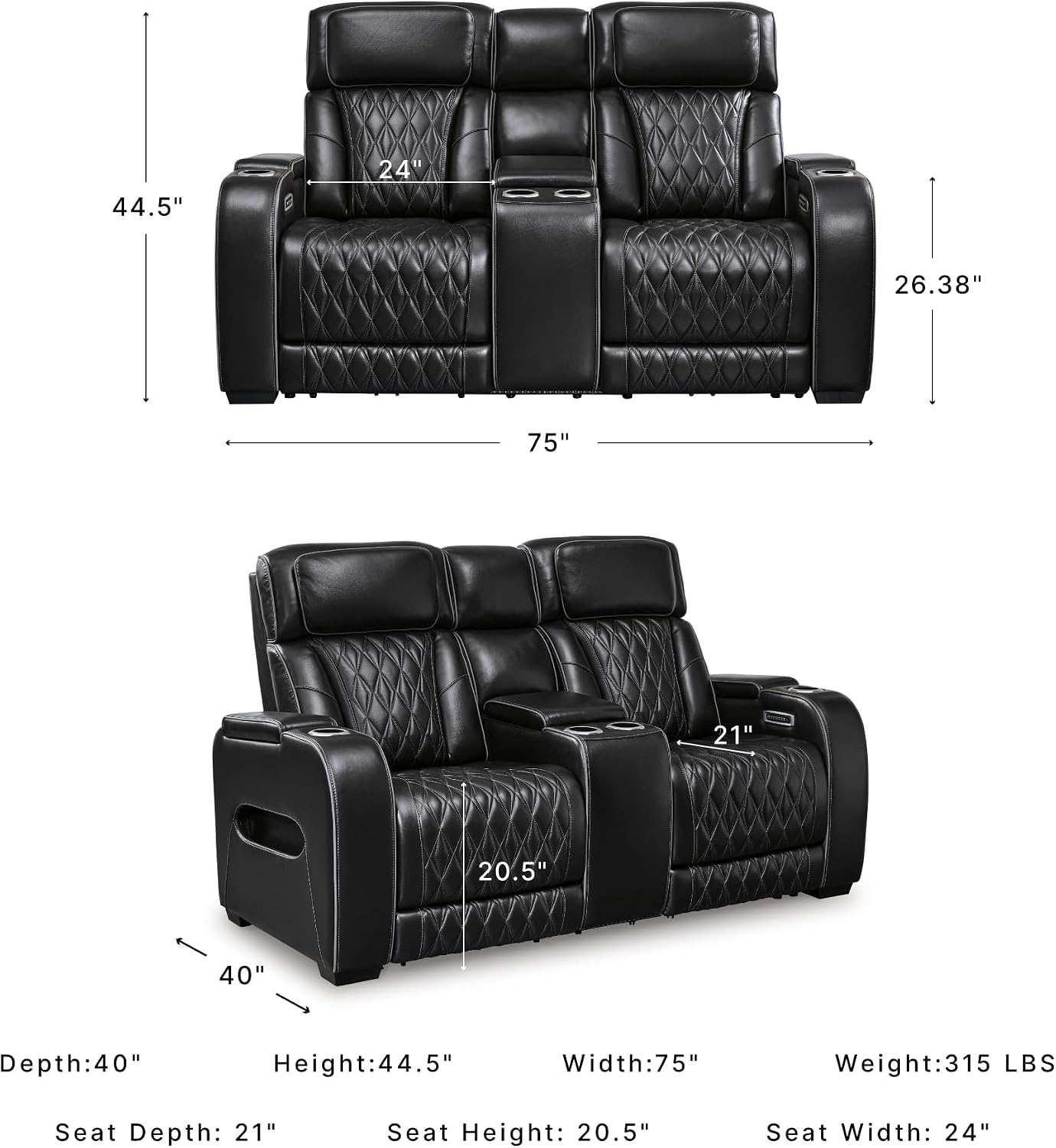 Signature Design by Ashley Boyington Modern Leather Match Power Reclining Loveseat with Console, Adjustable Headrest, Massage, Heated Seat and LED Lights, Black thumbnail