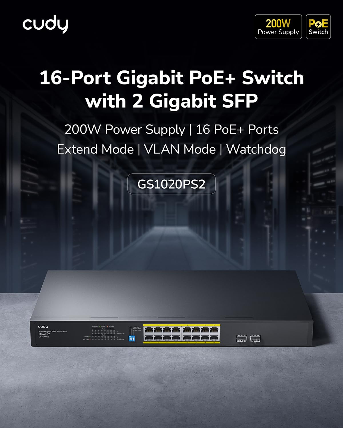 Cudy Switch Ethernet Réseau Gigabit PoE+ 16 Ports 2 SFP Non Géré GS1020PS2 | Normes IEEE 802.3af/at, Mode Isolation VLAN, Extension CCTV 250m, Montage Rack 19 Pouces, pour Caméras IP & APs, Plug & Play