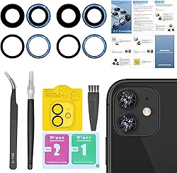 Pacote com 2 peças de reposição para lente traseira da câmera traseira para iPhone 11 com adesivo pré-instalado, inclui conjunto de ferramentas de reparo + manual de instalação + protetor de lente da