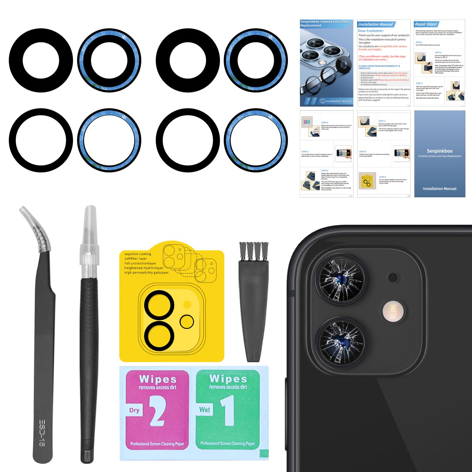 2 Pack Back Rear Camera Lens Glass Replacement for iPhone 11 with Repair Tool Set+ Installation Manual+ Camera Lens Protector