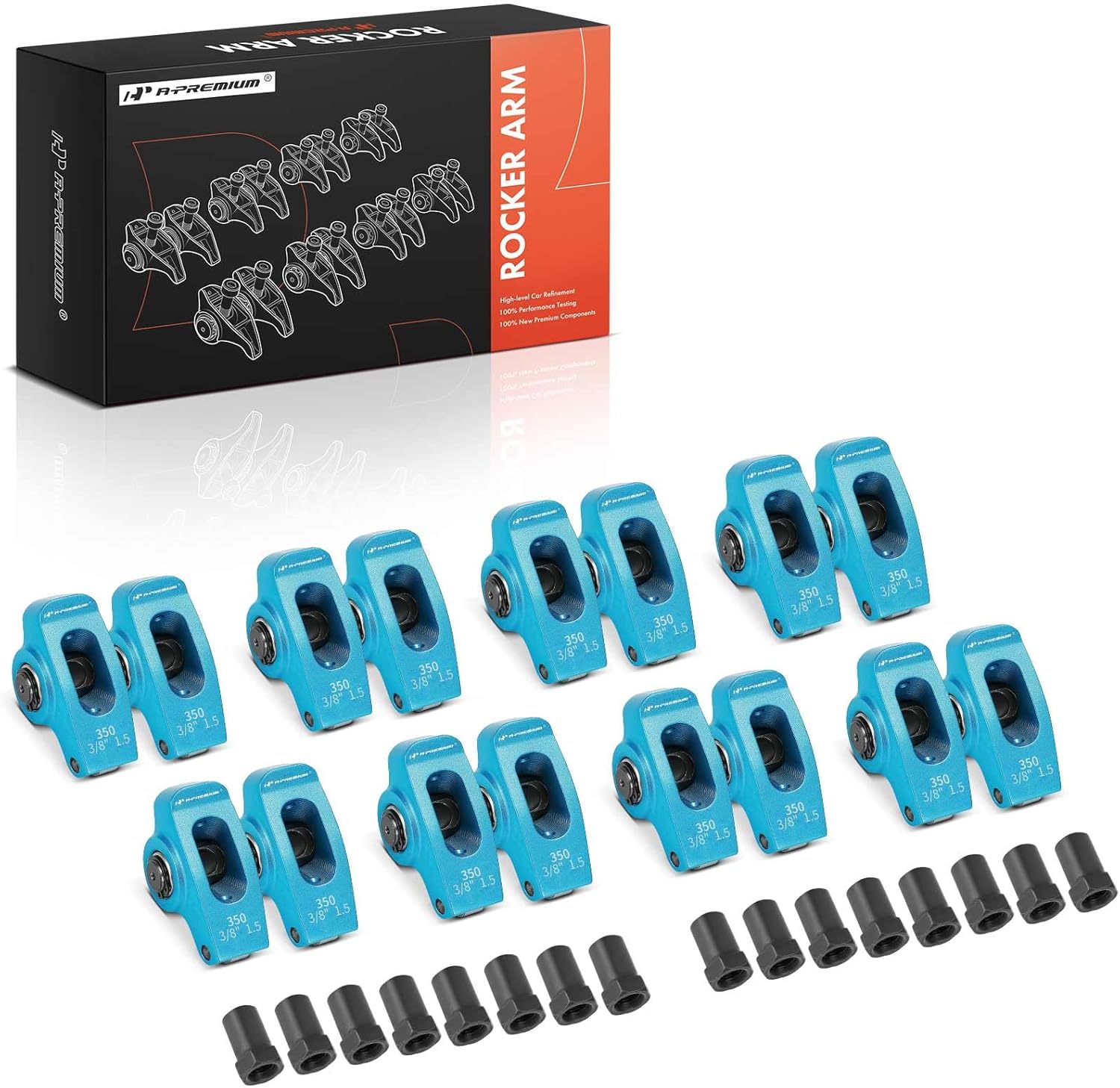 A-Premium 16Pcs Blue Aluminum Engine Roller Rocker Arms with Needle Bearings Compatible with Chevy SBC 350, 1.5 Ratio, 3/8" Studs