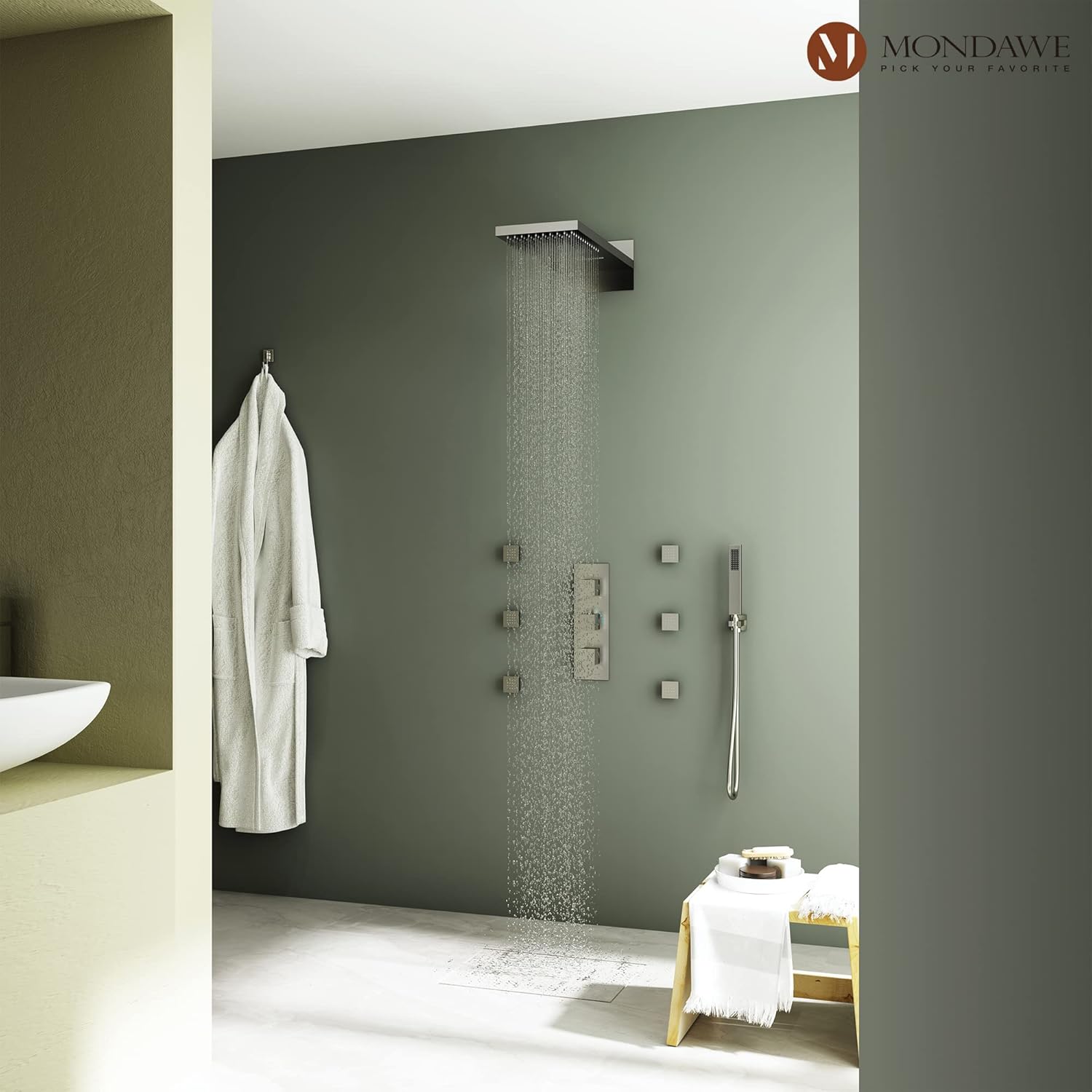 MONDAWE 22 Inch Thermostatic Shower System in Brushed Nickel, Wall Mounted Shower Head with Handheld Spray and 6 Body Jets, High Pressure Waterfall Bathroom Shower Faucet Set with Solid Brass Valve