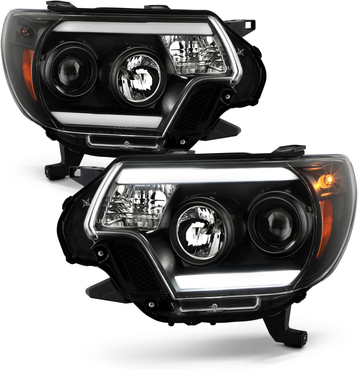 AKKON - Fit 2012-2015 Toyota Tacoma Pickup LED Tube DRL Running LowBeam-Projector Black Headlights Pair Driver+Passenger