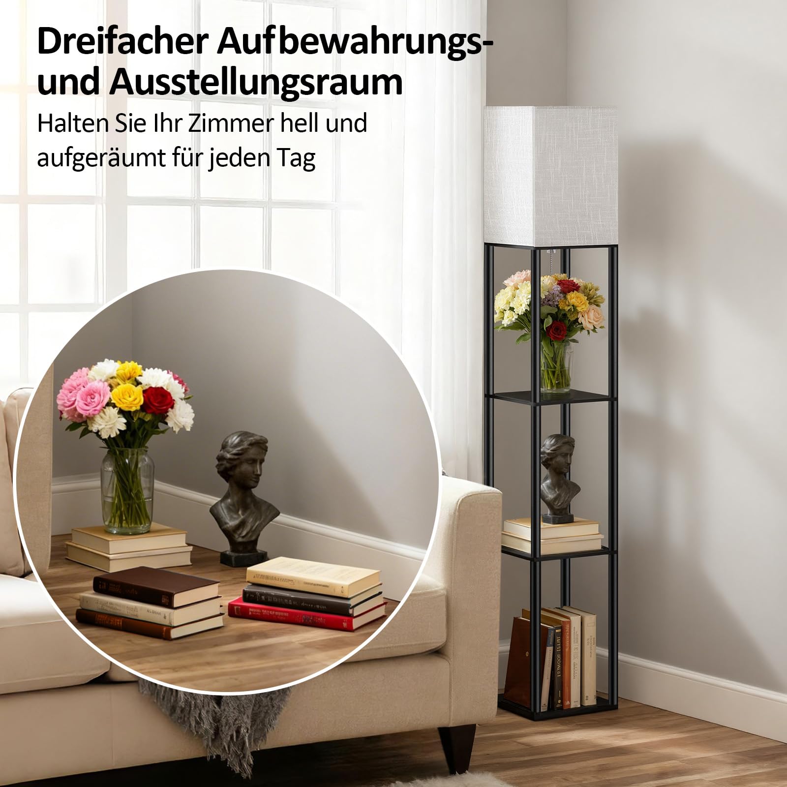 Stehlampe mit regal für Wohnzimmer Vintage Metall Stehlampe mit 3 Farbtemperaturen Floor Lamp mit weißen Leinen Schatten & Foot Switch Deckenfluter für Wohnzimmer Schlafzimmer und Büro Schwarz