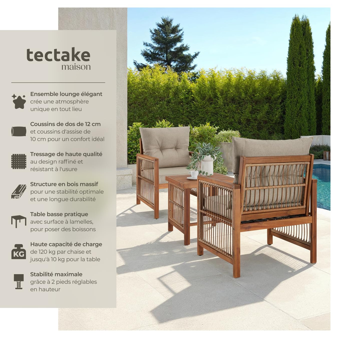 tectake® Ensemble 2 Fauteuil de Jardin & Table Basse Salon de Jardin Exterieur Coussins épais Inclus Cadre en Bois Massif d'acacia & Acier laqué époxy Mobilier Chaises Balcon Terrasse Veranda Maison