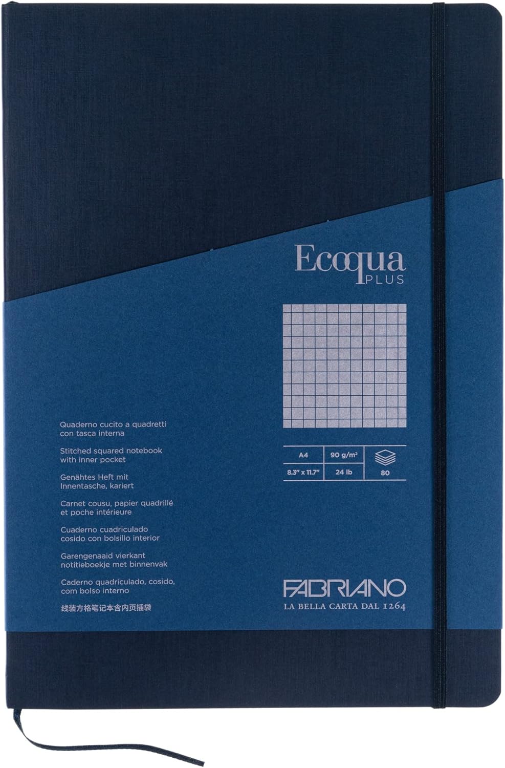Fabriano Ecoqua Plus Stitch-Bound Notebook, 8.3" x 11.7", A4, Graph, Navy
