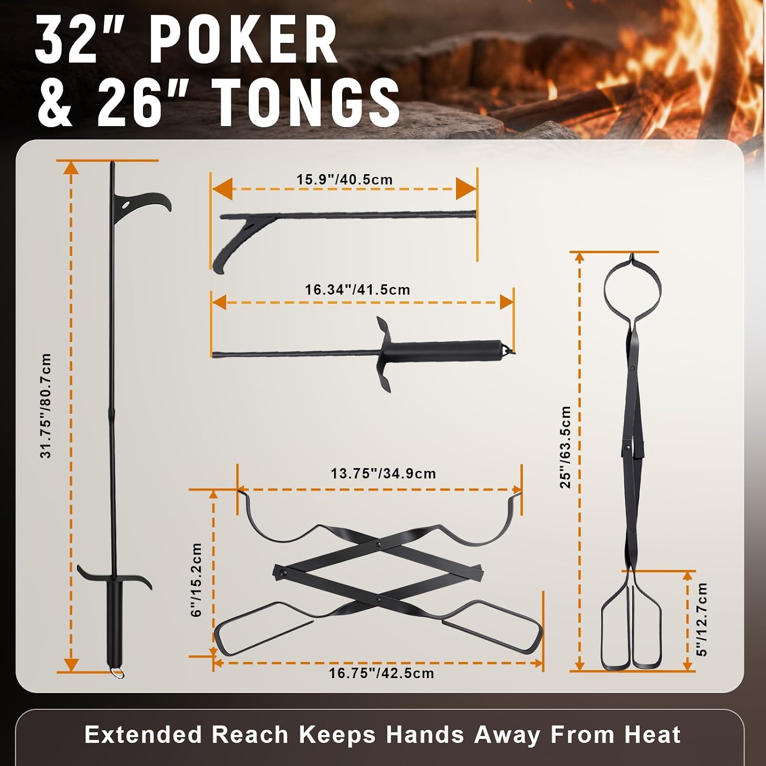 32" Fire Poker & 26" Fire Tongs Set, Foldable Fire Pit Tools Log Grabber