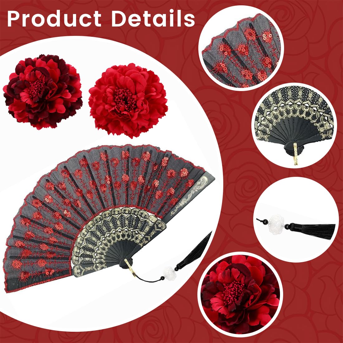 Horquillas flamenco flores artificiales peonias rojas abanico grandes pelo grueso fino playa mujeres niñas