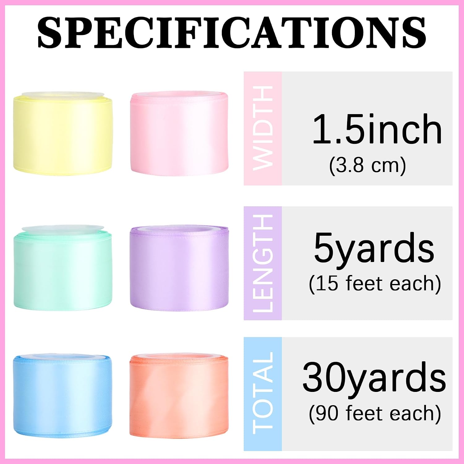Satin Ribbon 1.5 Inch - 6 Rolls 30 Yards Double Face Pastel Satin Ribbon,Rainbow Colored Gift Wrapping Ribbons for Garland,Birthday,Easter Day and Party Decor DIY