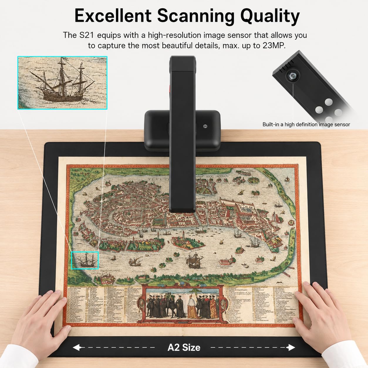 Scanner per documenti con risoluzione 23 MP, luce LED integrata, portata di scansione 420 x 297 mm, per carte d'identità, foto e riviste