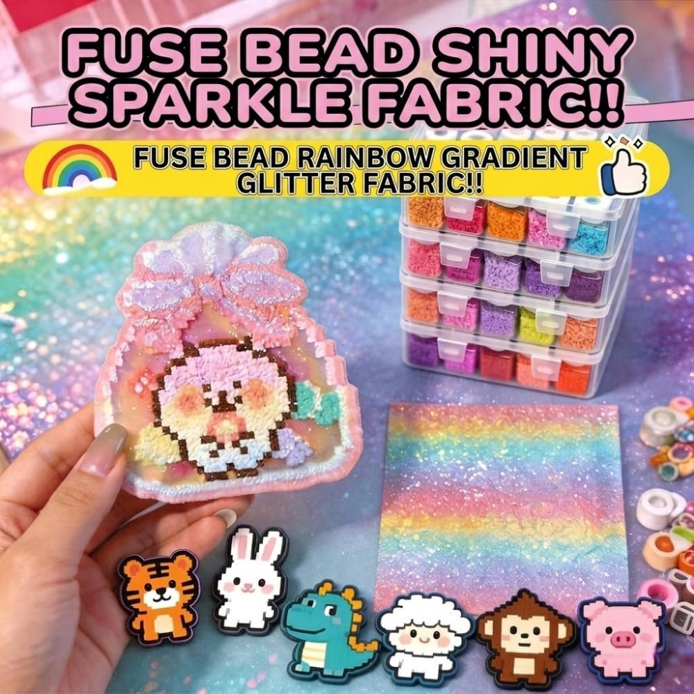 48 Colors DIY Bottled Fuse Beads Set, Premium Crafts Fusion Beads Kit with 2 Large Storage Boxes, Glitter Fabric, Ironing Paper & Tool Accessories for Handmade Arts Projects - High Fidelity Colors