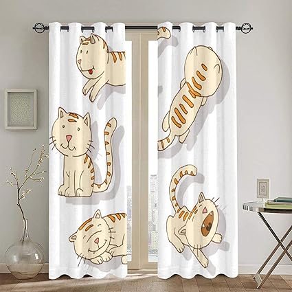 Amazon 遮光遮熱カーテン 猫のアイコンイラスト集 寝室 カーテンセット カーテン おしゃれ 断熱 防音 カーテン のある生地 リビングルーム 2枚組 130 X 180cm カーテン オンライン通販