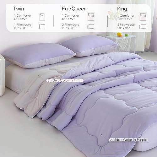 Miniatura 7 de COTTEBED Juego de edredón reversible ultrasuave de color rosa claro y morado, tamaño Queen y matrimonial, camiseta de punto de jersey, bonita,