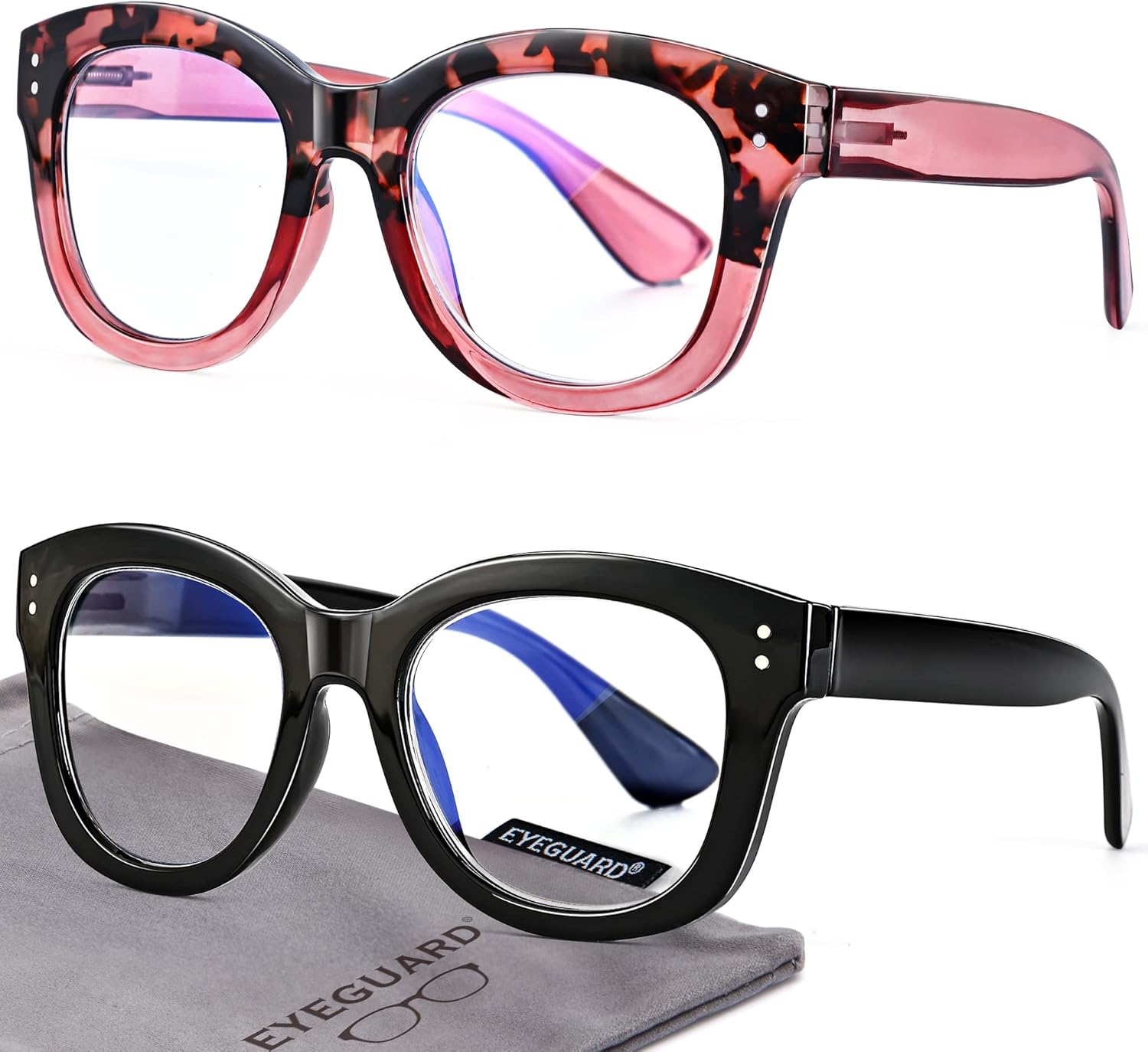 EYEGUARD 2 Pack Oversized Reading Glasses for Women Retro Blue Light Blocking Readers with Spring Hinges, black/red +2.00 diopter