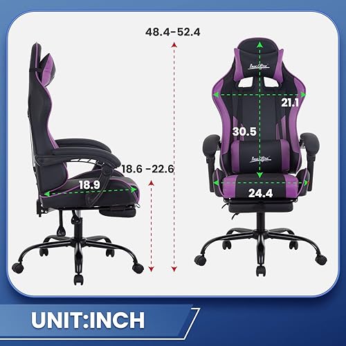 Miniatura 19 de Silla de oficina para videojuegos, silla de escritorio con reposapiés, soporte lumbar, reposacabezas y reposabrazos, giratoria, ergonómica, para