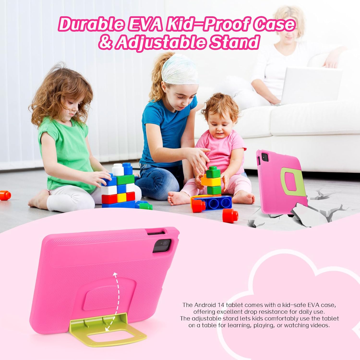 10.1 inch Tablet for Kids - Kids Tablet with Pink EVA Case, Android 14, A523 Octa-Core CPU, 8GB+64GB, Wi-Fi 6 (2.4GHz & 5GHz), Dual Camera, GMS, Parental Control