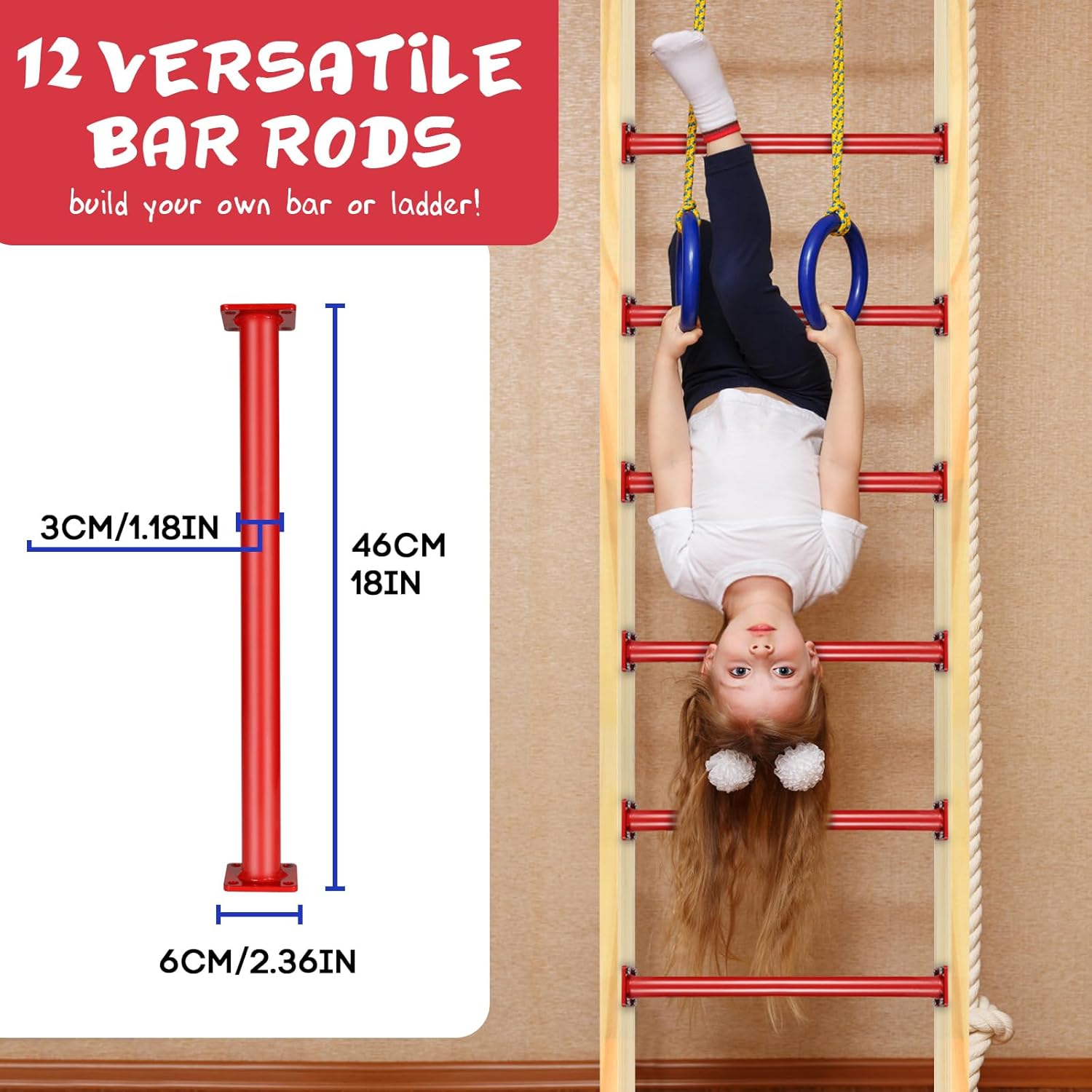 18 Inches Monkey Bars for Backyard, 12 PCS Heavy Duty Metal Bars for Kids, Steel Playset Rods With Mounting Plates and Powder Coating for Indoor Outdoor Playground