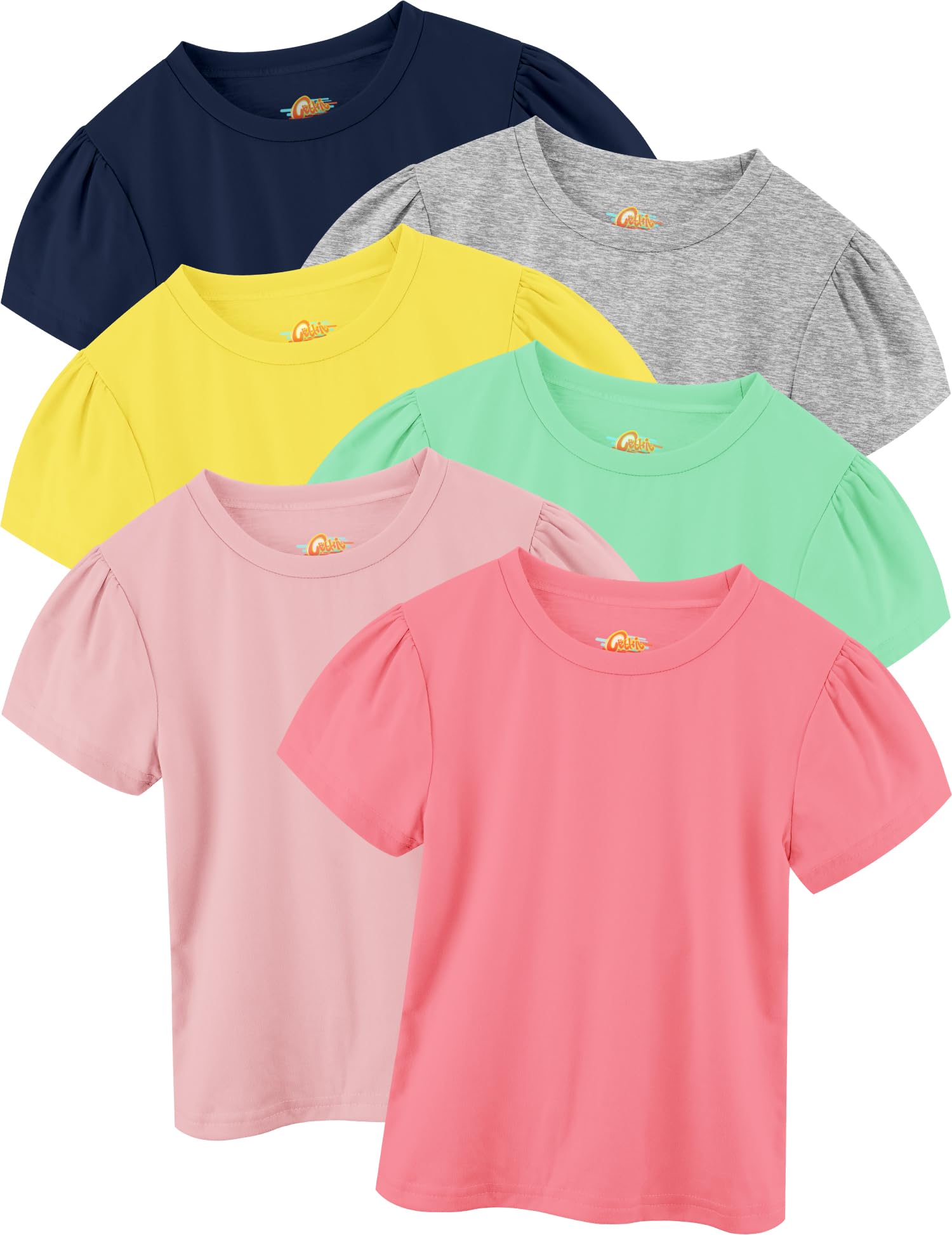Girls Shirts 6 Pack, Puff Sleeve T Shirt for Toddler Girls, Cotton Short-Sleeve T-Shirt with Round Neck Multicolor, 2T