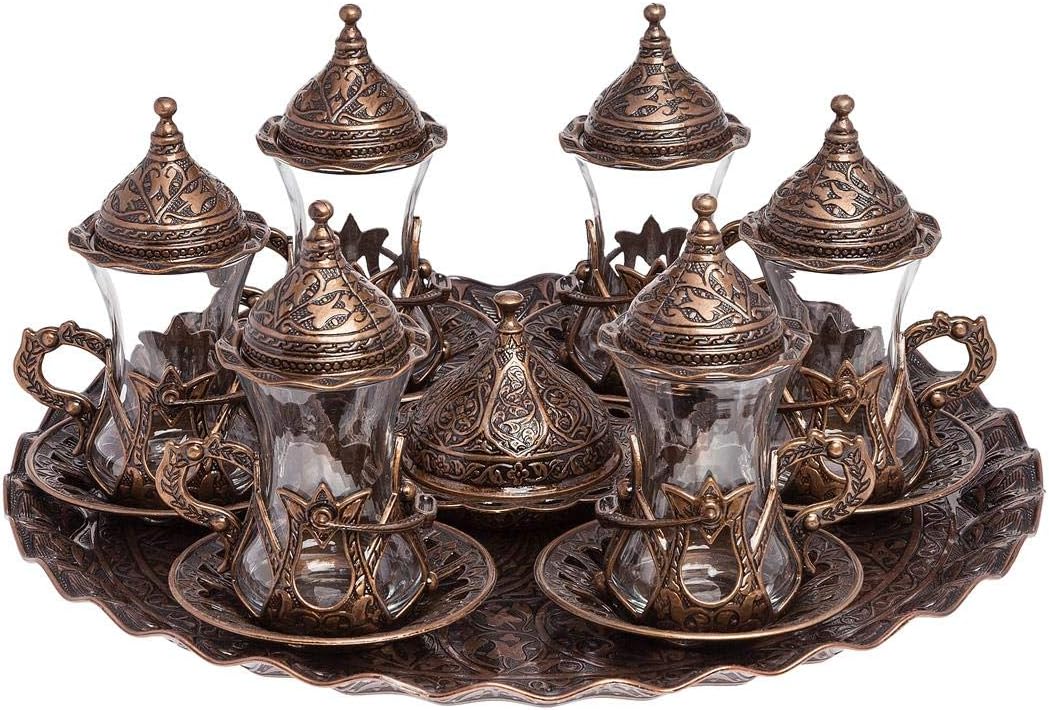 Alisveristime Handmade Turkish Tea Water Zamzam Serving Set Glasses Saucer, Tray and Spoon (Copper)