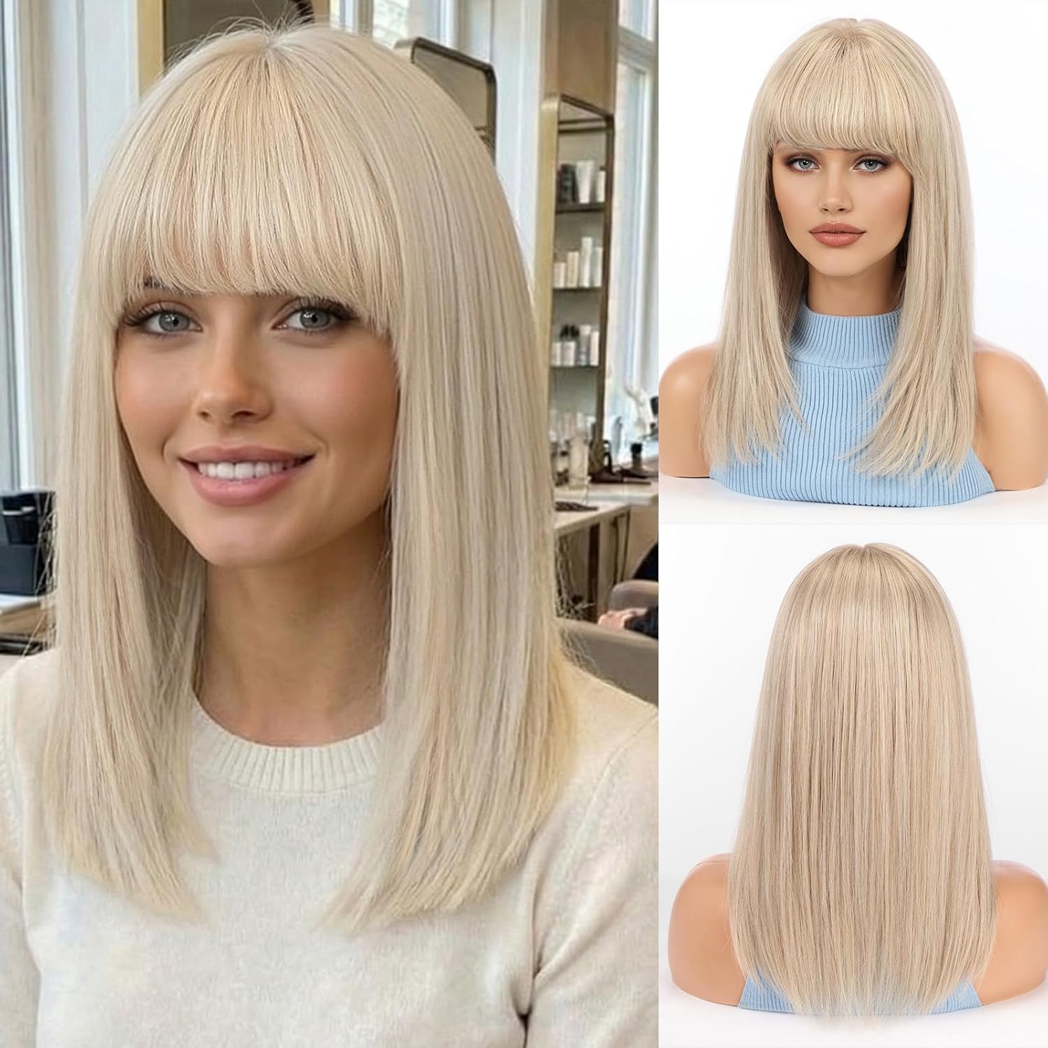 KKU 16 Inch Human Hair Wig,Human Hair Wigs,Human Hair Wig With Bangs, Lady Wigs Human Hair, Real Hair Wigs For Women