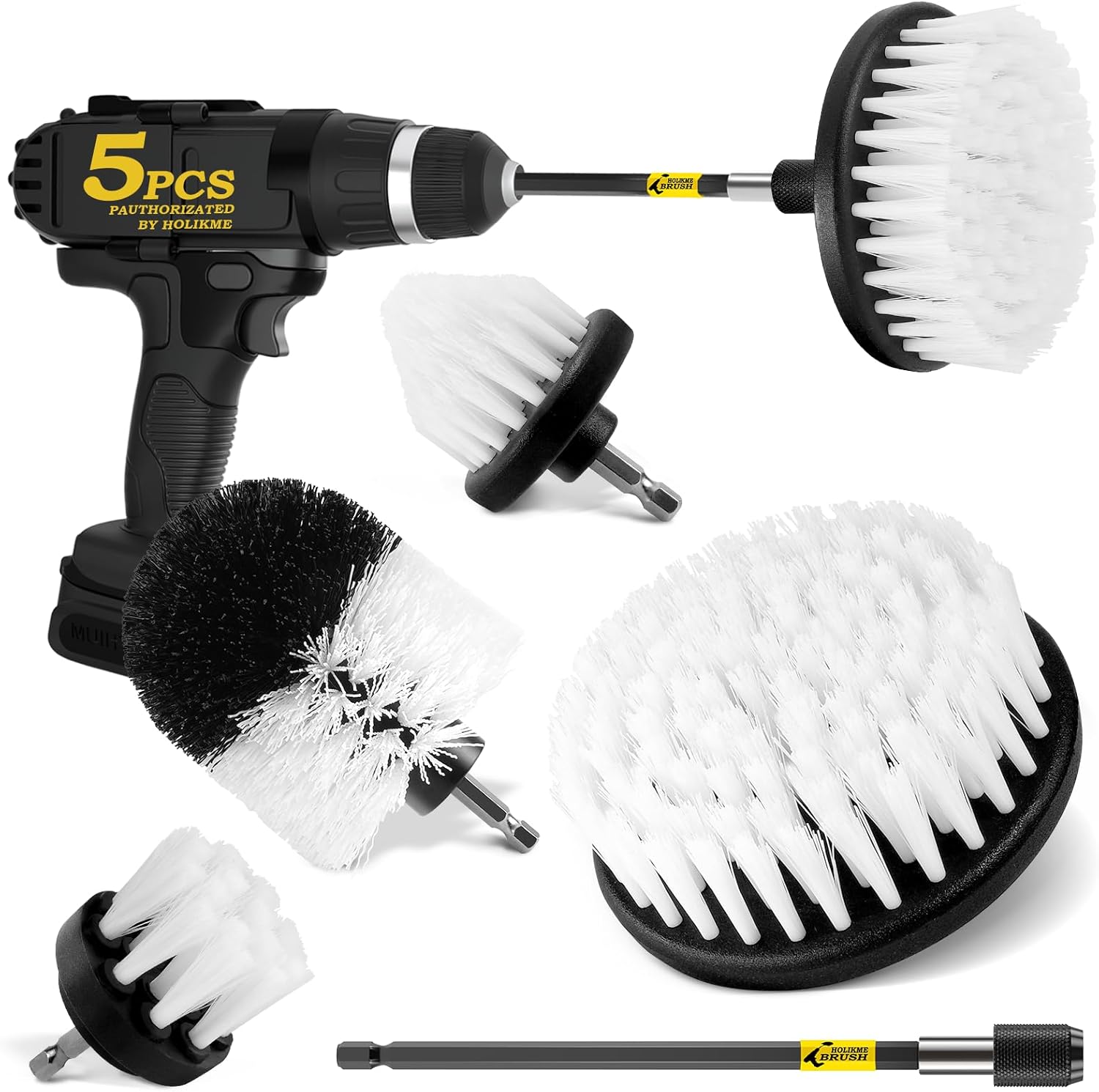Holikme 5-Pack Drill Brush Attachments - Power Scrubber Kit with Extended Reach for Car Detailing, Bathroom, Tile, Grout, Carpet Cleaning - White Nylon