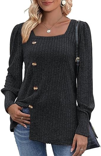 Womens Fall Tops Soft Square Neck Long Lantern Sleeve Deco Buttons Side Slit Sweater Tunic Shirt