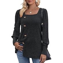 Womens Fall Tops Soft Square Neck Long Lantern Sleeve Deco Buttons Side Slit Sweater Tunic Shirt