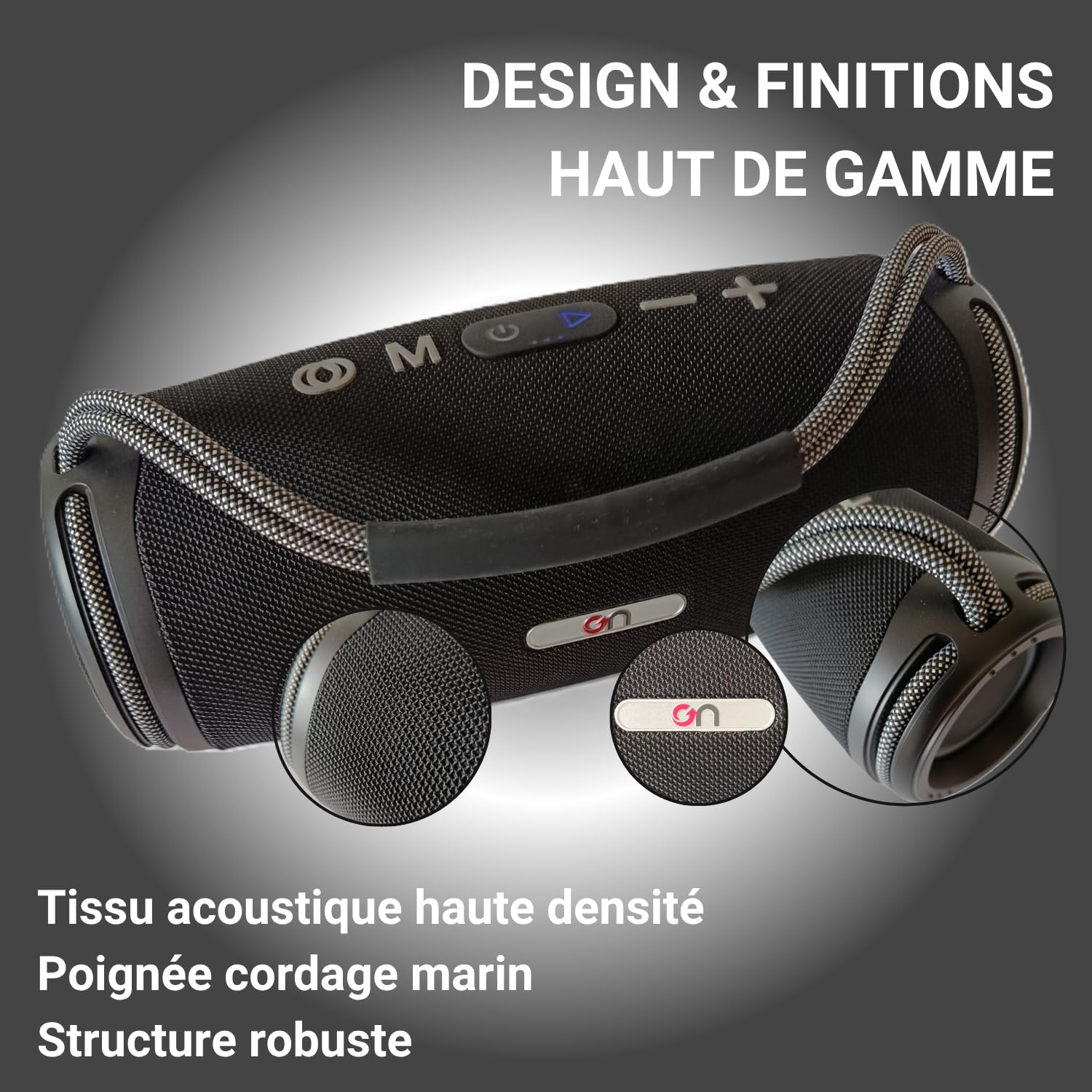 on ON09 – Enceinte Bluetooth Portable Puissante – Basses Profondes – Enceinte Nomade Intérieur Extérieur – USB, Carte SD, AUX – Power Bank – TWS – Lumières RGB – IPX5 – Poignée Cordage Marin
