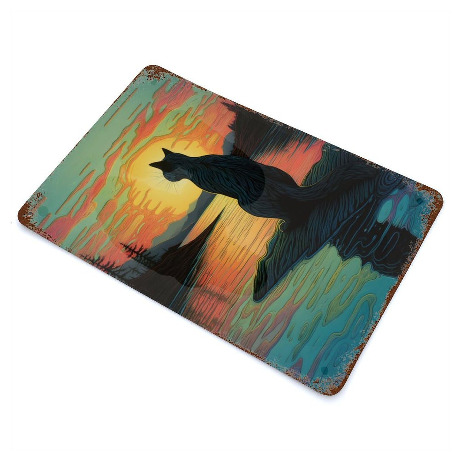Weathered Tin Sign with Cat Sunset Design 11.8"x7.9", for Basement, Hobby Room And Garage Decor, Industrial Home Decor