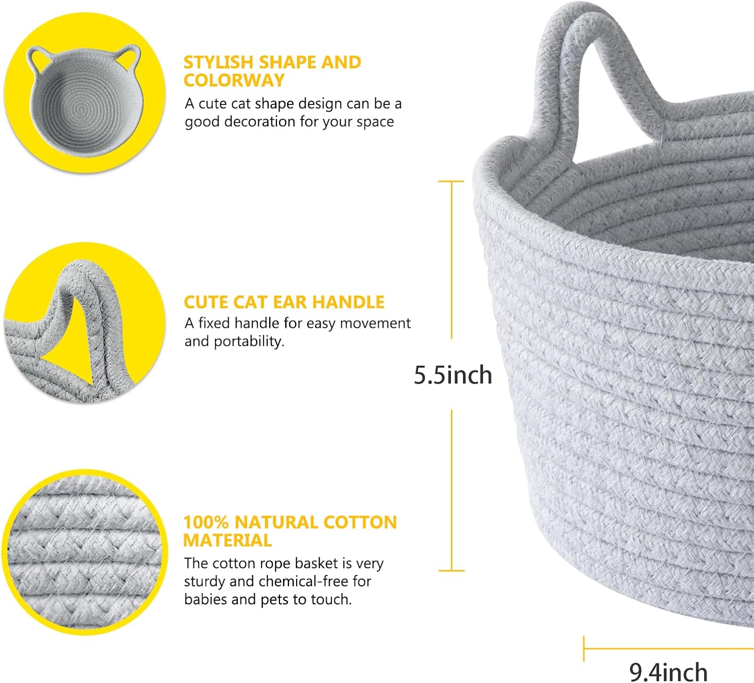 Small Cat Ears Toy Organizer, Woven Cotton Rope Basket, Decorative Nursery Bins & Boxes Gift Basket Empty for Baby Pet Toy Storage