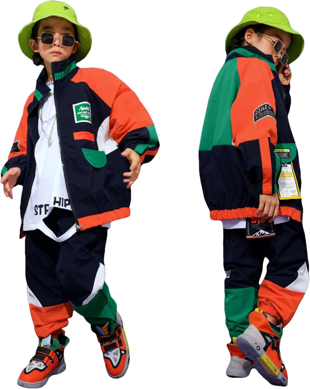 LOLANTA Unisex Kids 80s Tracksuit Hip Hop Dance Outfit Boys Girls Oversized Color Block Jacket Pants 2 Piece Clothing Set