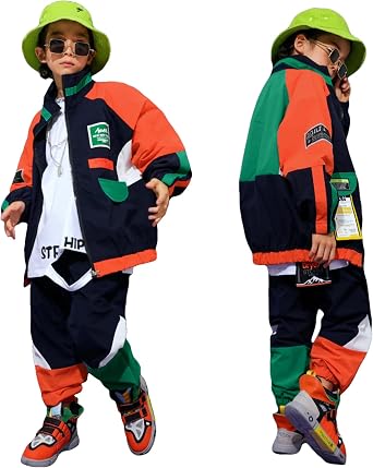 LOLANTA Unisex Kids 80s Tracksuit Hip Hop Dance Outfit Boys Girls Oversized Color Block Jacket Pants 2 Piece Clothing Set